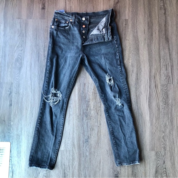 Levis Premium 501 Jeans Womens 28x27 Black Distressed Button Fly Modern BIG E - Picture 1 of 10